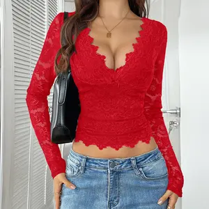Women's sexy mesh sheer lace lace long sleeve top, Red Slim plunge neck top, edikted top, Y2K Deep V Neck Crop Top, going outfits, officesirenoutfits