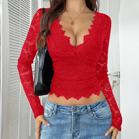 Women's Sheer Hollow Lace Fabric Cropped Long-Sleeve Blouse - 2000s Retro Vibe Slim-Fit Deep V-Neck Plain Top for Date Night, Evening Party Wear