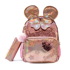Girls Rose Gold Sequin Backpack 3-Piece Set | Cute Holographic Cute Ear Decor School Bag with Lunch Box and Pencil Case | Waterproof Shiny Bookbag for Kids student daily large capacity