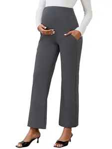 INSPIRE CHIC Women's Maternity Palazzo Pants Over the Belly Wide Leg High Waisted Pregnant Work Pants Deep Grey