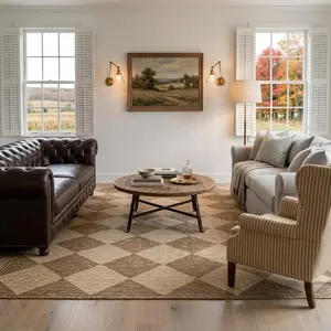 Brown & Beige Argyle Chenille Rug, Non-Slip Silicone Back Indoor Outdoor Area Rug, Washable Fade Resistant Floor Mat 7x10ft