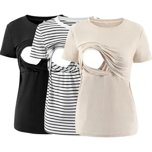 Women's Maternity Nursing Tops Rib Short Sleeve Breastfeeding Shirts Maternity Clothes