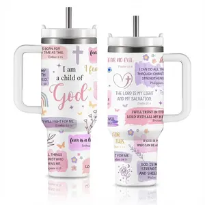 Christian Bible Verses Affirmation 40oz Tumbler with Handle & Straw I Am a Child of God Faith Scripture Stainless Steel Insulated Travel Mug Gift for Women
