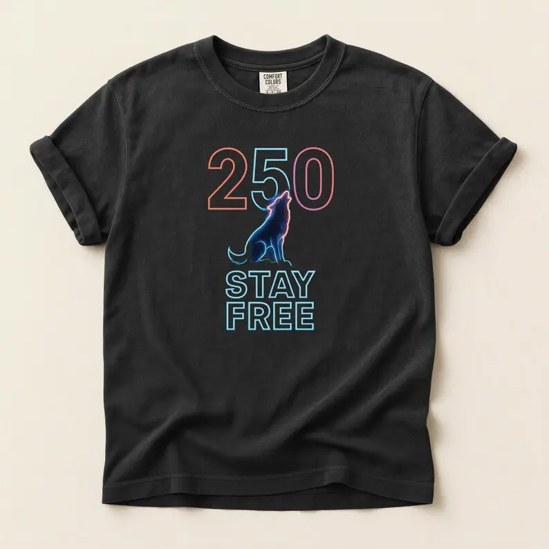 Stay Free Neon Wolf 250 Graphic T-Shirt, Synthwave Cyberpunk Style Howling Wolf Tee Gift for Him