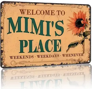 Mimi's Place 8x12 in Vintage Aluminum-Based Home Sign, 1-Piece Rectangle Plaque with Welcome Message, Rustic Flower Wall Decor, High-Quality Metal Bar Accent, Western Home Decor Gift Idea, Gift Ideas