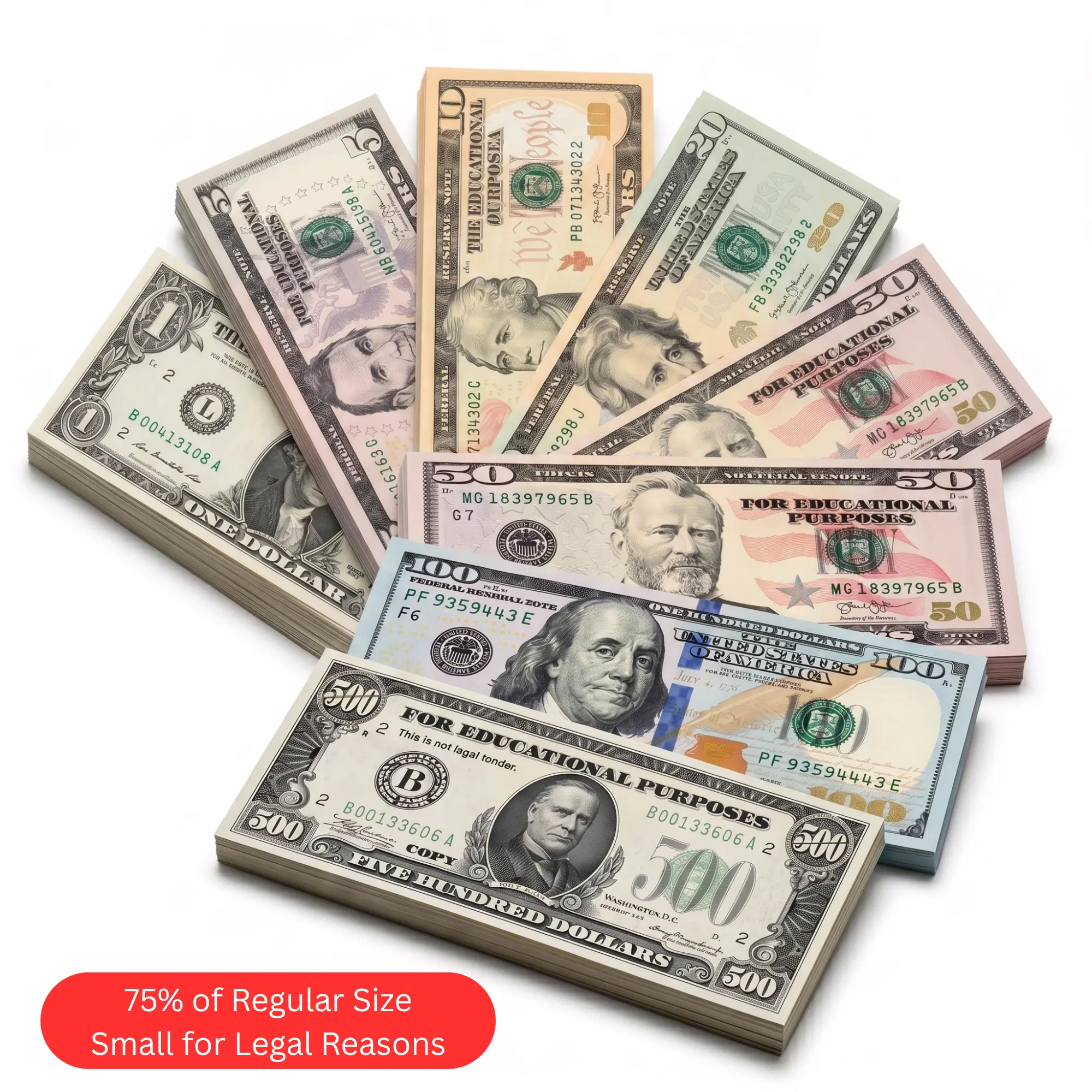 Realistic 75% Size Legal Mini Prop Money Set - 280Pcs, $27440 Total Face Value, Federal Law Compatible, 7 Denominations, High-Res Print, Thick Paper, for Money Math, Classroom Rewards (For Kids & Teachers Board Games)