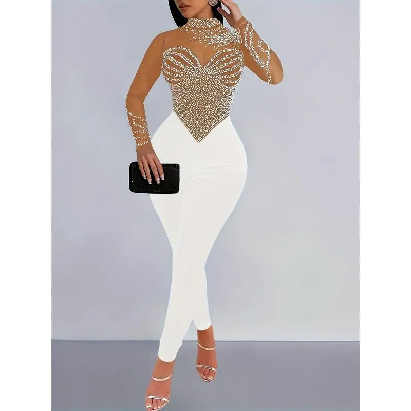 (New) Women's Elegant Fashion Rhinestone Illusion Neck Longsleeve Tight-Fit Jumpsuit - Party & Club Wear Sports Clothing Set, Elegance