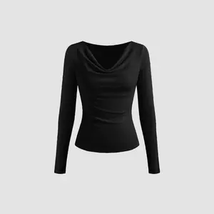 Cider [3 colors, size 2-10] Jersey Cowl Neck Solid Ruched Long Sleeve Top Dealsforyou