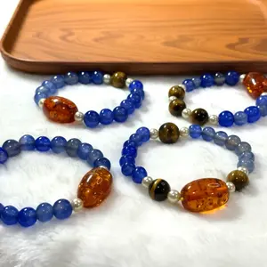 1pc Handmade Natural Amber & Blue Agate Stackable Bracelet with Tiger's Eye & Pearl Accents
