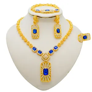 Rhinestone Gold Plated Necklace Set Blue Stone Bride Luxury Gifts For Women Earrings Pendant Jewelry Valentines Gifts For gf