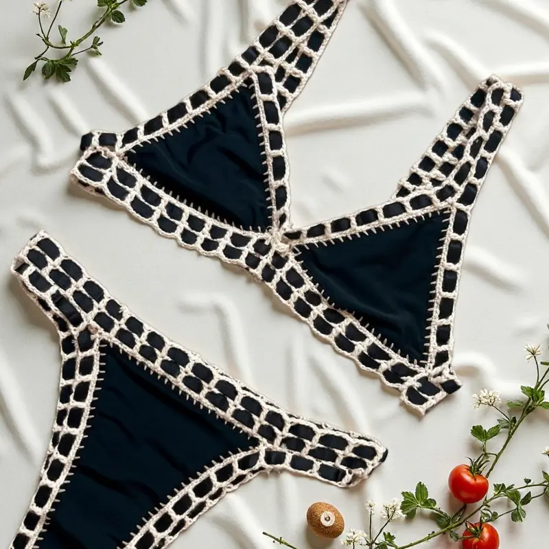 Crochet Bikini Sexy Women's Swimwear, Mini Bikini Set Beachwear, Brazilian Bikini, Fitted Plain Style, All Seasons, Triangle Bikini Set, Bikini Outfits, Bikini Bathing Suits