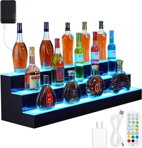 GARVEE LED Lighted Liquor Bottle Display Shelf 2 Steps 30 Inches Liquor Shelf With RF Remote & App Control Acrylic Drink Shelves Multicolor Lighting Bar Shelves for Liquor Bottle Alcohol Display Shelf Stand