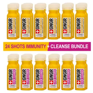 24-Shots Immunity + Liver Cleanse bundle made with organic ginger, turmeric, citrus & milk thistle. Detox naturally, boost immunity, reduce bloating, support digestion & get clean daily energy. Perfect for wellness, gut health & detox routines.