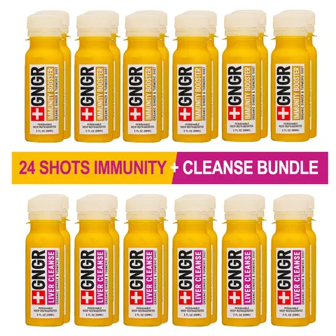 24-Shots Immunity + Liver Cleanse bundle made with organic ginger, turmeric, citrus & milk thistle. Detox naturally, boost immunity, reduce bloating, support digestion & get clean daily energy. Perfect for wellness, gut health & detox routines.
