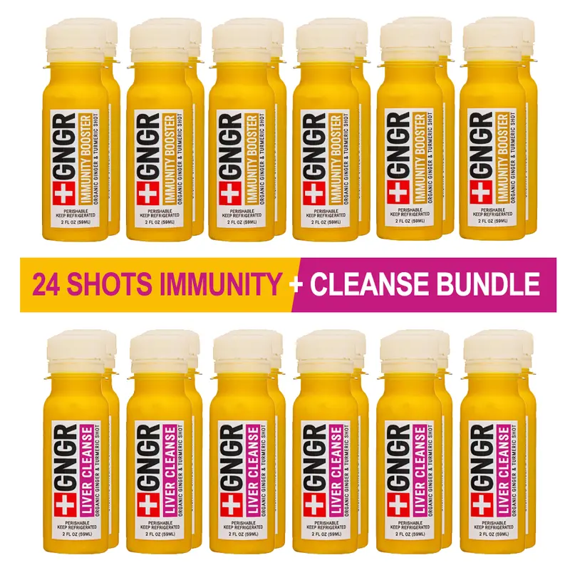24-Shots Immunity + Liver Cleanse bundle made with organic ginger, turmeric, citrus & milk thistle. Detox naturally, boost immunity, reduce bloating, support digestion & get clean daily energy. Perfect for wellness, gut health & detox routines.