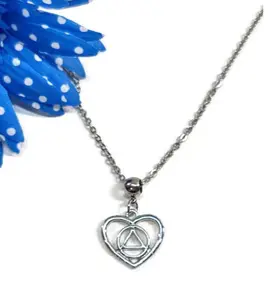 Alcoholics Anonymous Heart Shaped Pendant Necklace with AA Logo in Center Silver Tone Stainless Steel