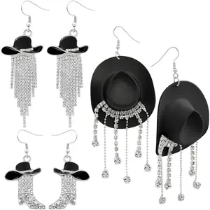 EAA4 3 Pairs Western Cowgirl Cowboy Hat Earrings Set Silver Symmetric Boots Sparkly Rhinestone Tassels Drop Dangle Rural Culture Earrings Set For Women