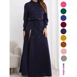 Women's Solid Drawstring Hoodie & Split Thigh Skirt Set, Long Sleeve Top & Pocket Long Skirt, Casual Fashion Cozy Co-ord Set, Women Clothes