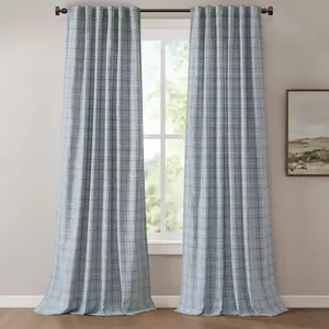 Fleece Lining Plaid Weave Window Curtain Panel, Faux Leather Textured Light Filtering Curtain for All Seasons, Denim Blue, 50x95"