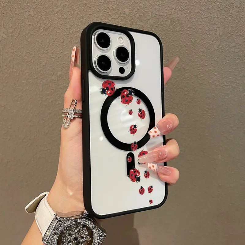 MagSafe Compatible Heart-Spotted Ladybug Magnetic Case for iPhone 11/12/13/14/15/16/17-Pro Max, Lightweight, Anti-Fall, Girly Chic Smartphone/Cellphone/Handheld Device Protection