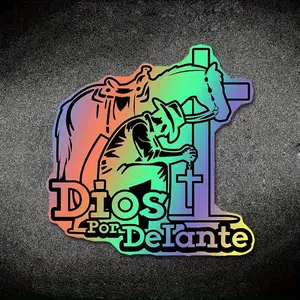 1PC Street Trendy Faith Western Logo Sticker Stick on car bodies or faith western-themed backpacks, this holographic rainbow texture (cowboy + horse + cross)decor instantly has a vibrant solemn vibe, faith + western style, Truck Car Decal