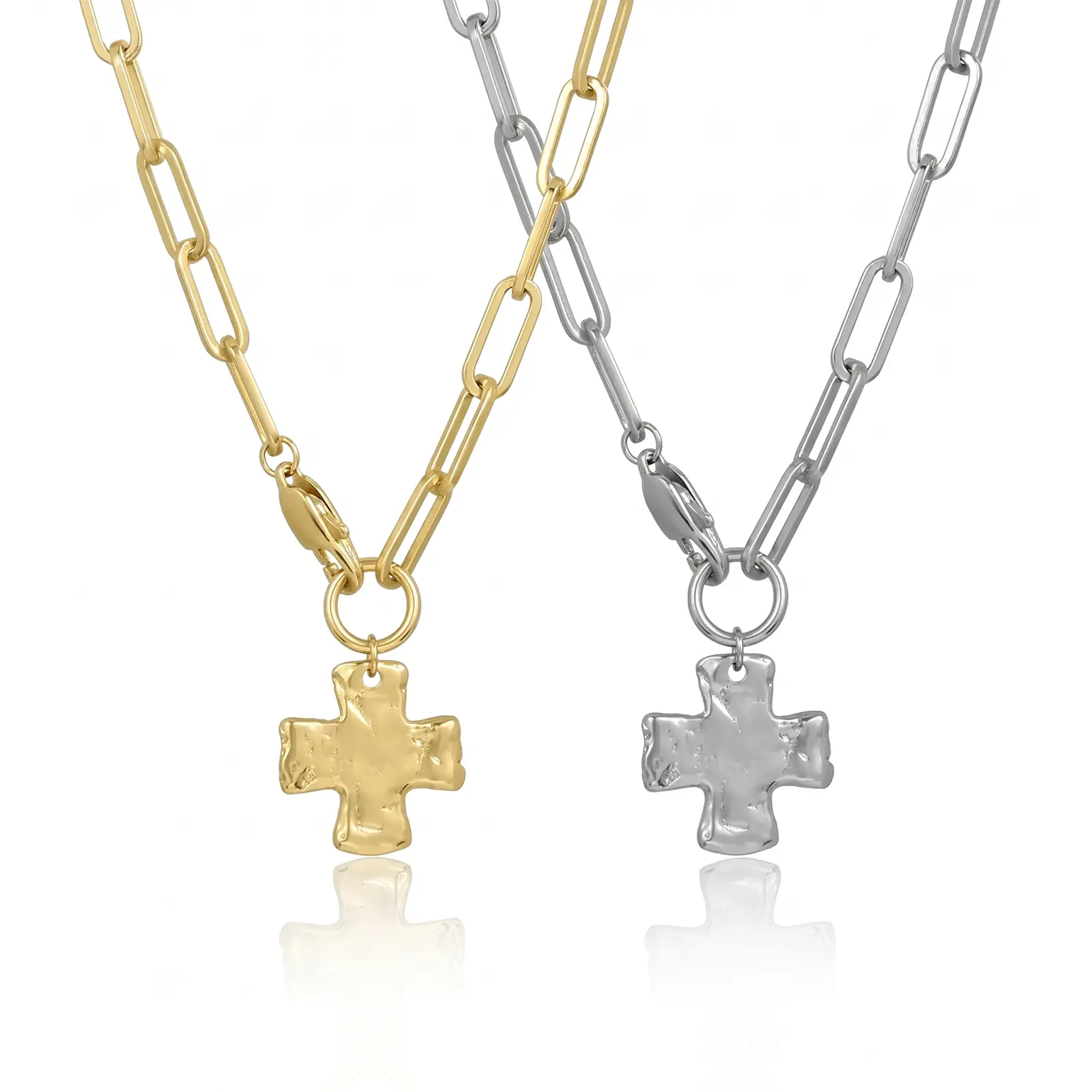 Chunky Necklaces for Women, Modern Steel Crucifix Necklaces with a Bold Cross Design and Gold Chain Detail on a Paperclip Chain, Contemporary Twist, Over-Size, Casual