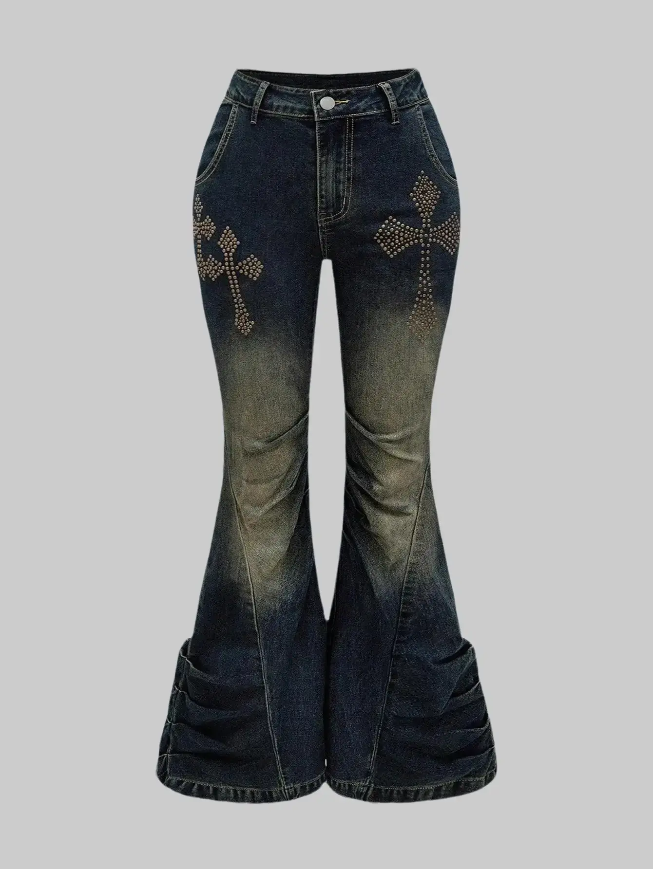 Plus Size Grunge Flare Leg Jeans, Heavy Distressed Loose Fit Denim with Gradient Wash, Cross Studs and Rhinestone Accents, Heavy Distressed Jeans, Loose Denim Pants, Flared Jeans