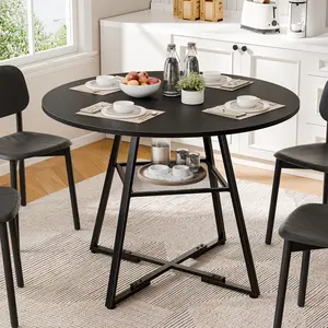 Round Dining Table for 4-6, Space Saving Kitchen Table with Dual-Tier Storage, Pedestal Metal Frame, Industrial Farmhouse Circle Dinner Table for Apartment