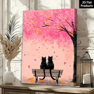 Framed Wrapped Canvas Tail Heart Surprise - Cute Kitten Painting Poster Suitable for Living Room, Bathroom Decor, Valentine's Day Gift, Winter Spring Home Decoration - Framed Picture with Local Warehouse Stock, 2D Flat	