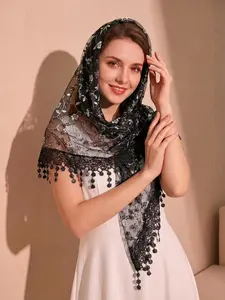 Women's Floral Pattern Fitted Triangle Scarf, Elegant Contrast Lace Design, Perfect for Daily Use Across All Seasons