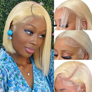 Blonde Bob Wig Human Hair 180 Density 12 Inch Straight 613 Bob Wig Human Hair 13x6 HD Lace Frontal Wigs, 100% Real Human Hair 613 Glueless Wigs Pre Plucked With Baby Hair Natural Look For Beginners
