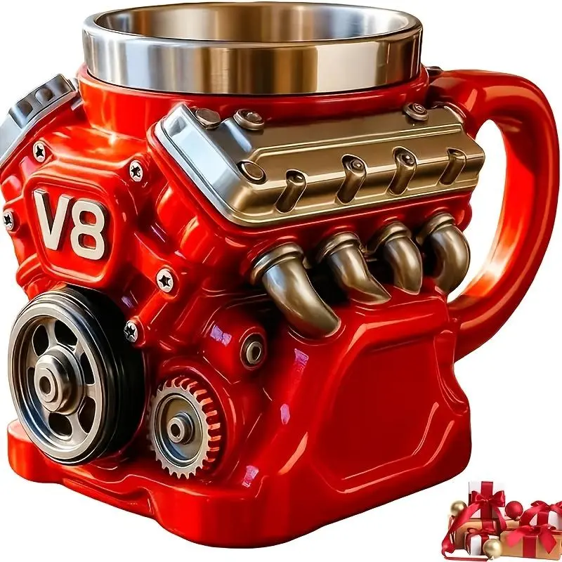 [Engine Coffee Mug] V8 Engine Stainless Steel Cup | 1pc Double-Wall Insulated Handle Car Mug | Perfect Gift for Father's Day, Christmas, Husband, Mechanic, Car Enthusiasts | Suitable for 3 Scenarios