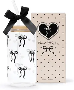 Black Bow Aesthetic Cup With  Box 16oz Glass Cup with Lids Straws and Black Bow Iced Coffee Smoothie Cute Tumbler with Cleaning Brush for Girls Bestfriend Sister Girlfriend