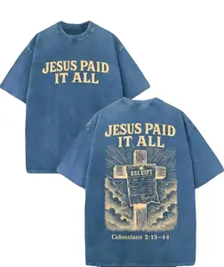 Christian Faith "Jesus Paid It All" T-Shirt, Vintage Distressed Gray Cross Receipt Oversized Tee, Bible Verse Casual Short Sleeve Top