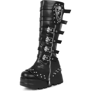 LUNETTA Women's Knee High Wedge Platform Boots Round Toe Punk Goth Mid Calf Motorcycle Combat Boot Metal Buckle Chunky Heel Boots
