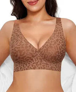 Popilush Seamless Wireless Jelly Bra Leopard Print - Adjustable Strapless Sexy V-neck Molded Cup, Ultra Comfort & Strong Support Women