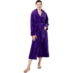 Womens Fleece Hooded Fluffy Bathrobe Plush Long soft cozy Winner Warm fuzzy Spa Robe with deep pockets