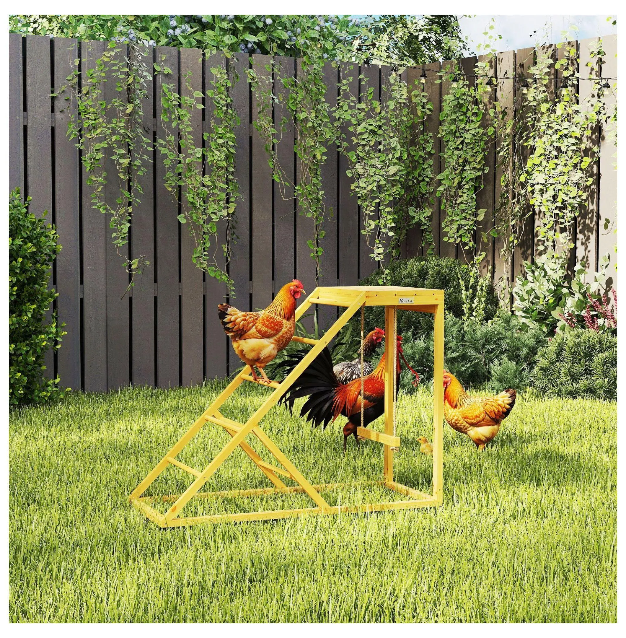 Chicken Toys for Coop - Chicken Perches & Ladder - Hen Activity Play Center - Wooden Coop Toys for Chickens - Yellow - Multiple Chickens