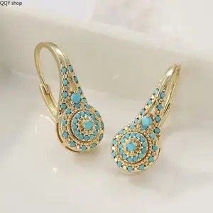 Gold Plated Synthetic Turquoise Teardrop Dangle Earrings, Elegant Sophisticated Statement Jewelry with Intricate Detailing, Vintage Boho Fashion Ear Accessories, Perfect for Daily Casual, Formal Events and Valentine's Day Gifts for Women