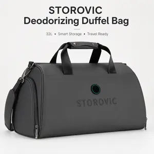 STOROVIC Camping Duffel Bag with Odor Control, 32L Water-Resistant Travel Gym Bag with Shoe Compartment, LED Light & USB Port, Carry-On Weekend Bag