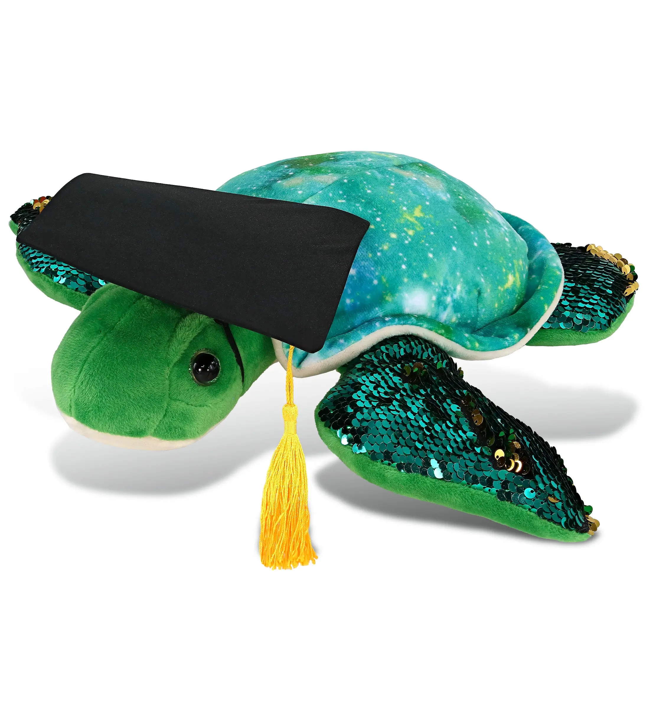 DOLLIBU 13-Inch Polyester Sea Turtle Stuffed Toy - Space-Theme Sequin Plush, Cap Outfit, Personalized Graduation Gift for Kids