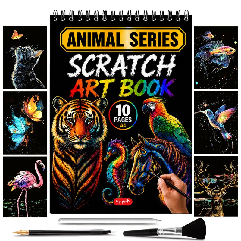 Animals Scratch Art Book For Adults - Colorful Animal Series Scratch Art | 10 A4 Page Design | Foil Engraving Scratch Art | Artistry Canvas | Perfect For Artistic Expression & Relaxation