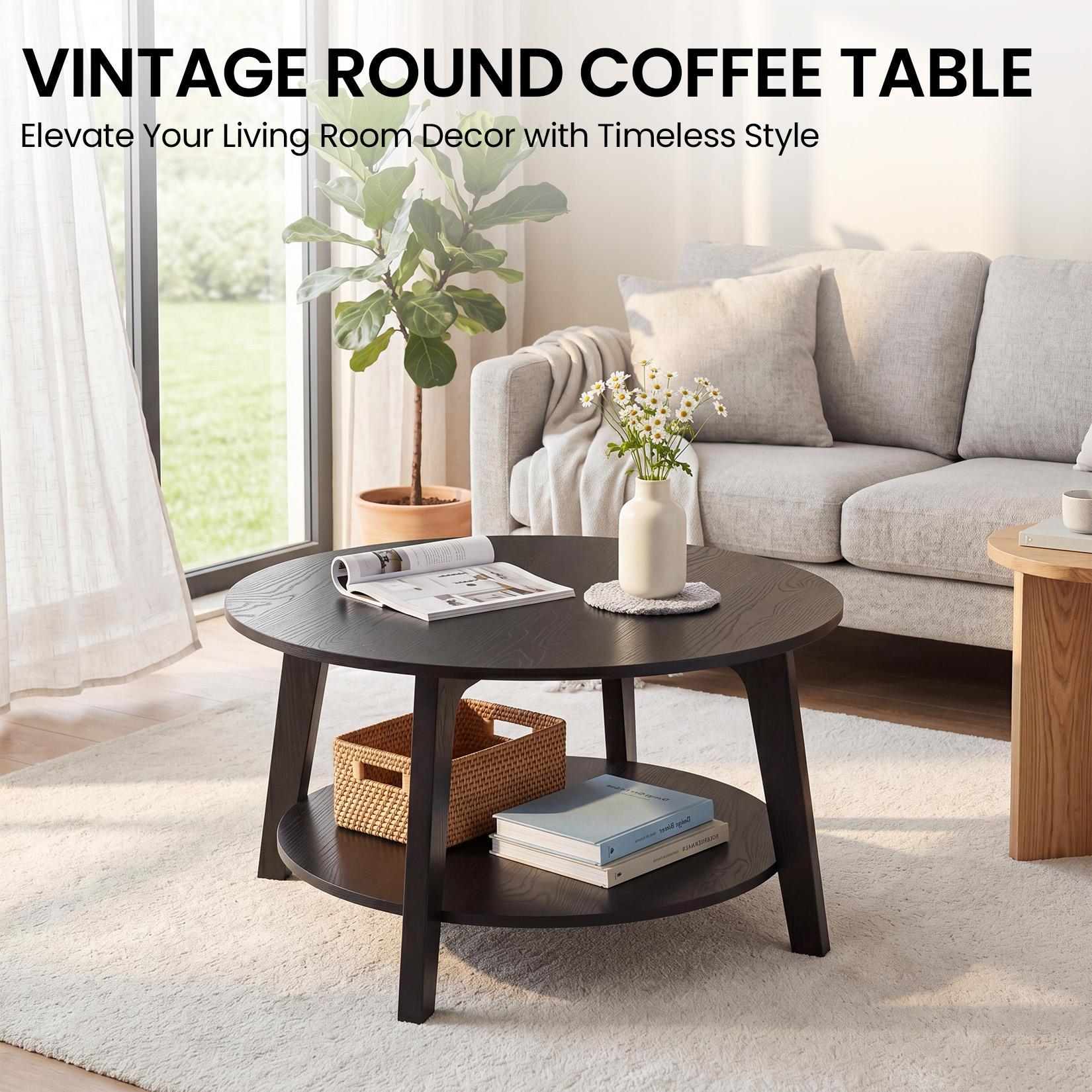 White 2-Tier Round Coffee Table with Storage Shelf, Minimalist Scandinavian Style Engineered Wood Accent Center Table, 31.5" Dia. Round Top, Durable Mark-Resistant Surface, Easy Assembly, Coffee Tables White 2-Tier Round Coffee Table with Storage Shelf, Minimalist Scandinavian Style Engineered Wood Accent Center Table, 31.5" Dia. Round Top, Durable Mark-Resistant Surface, Easy Assembly, Coffee Tables