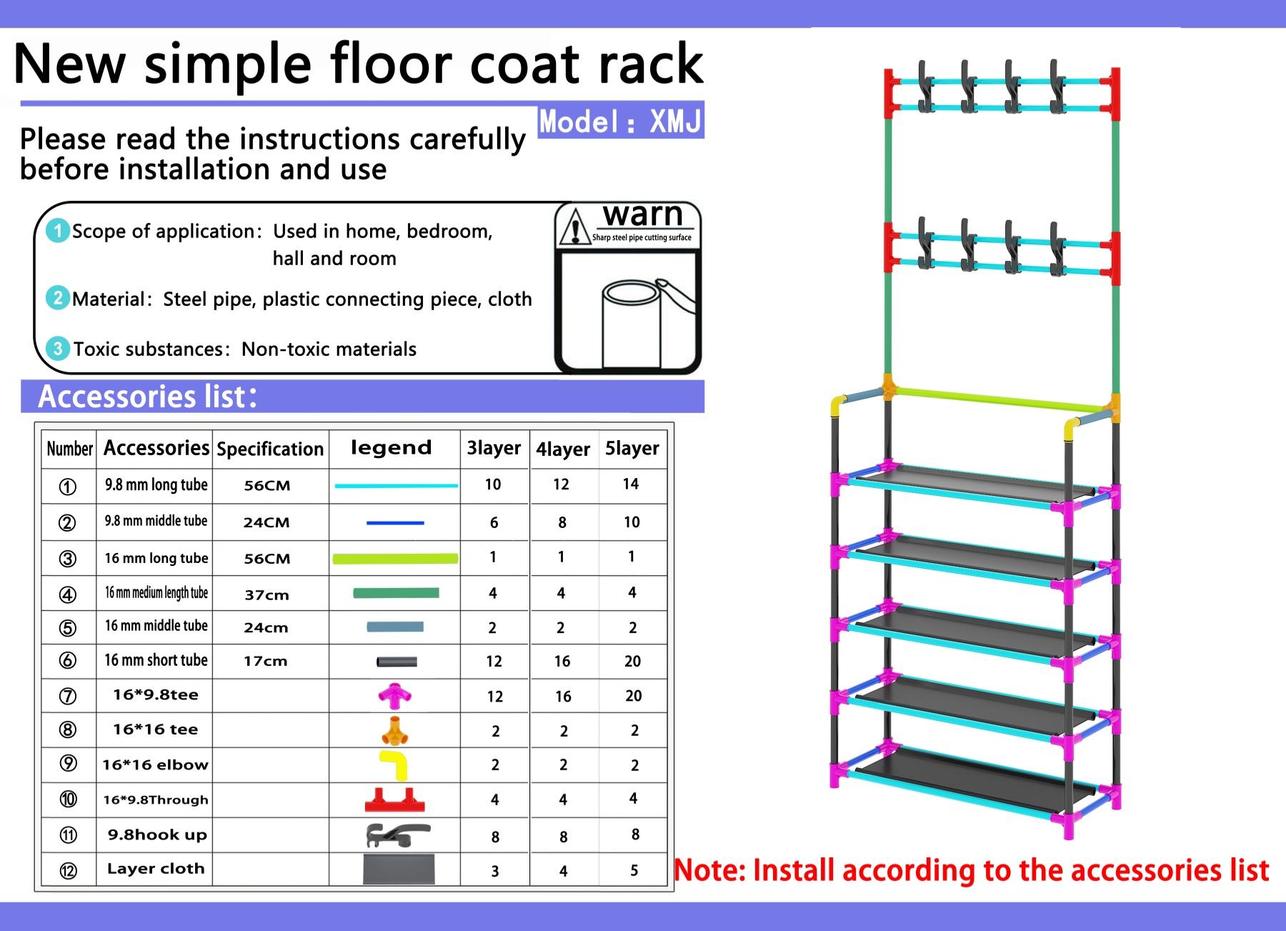 5-Layer Shoe Rack with Coat Hooks, Metal Entryway Organizer, Floor-Standing Hat and Clothes Hanger Stand