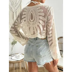 Women's Floral Embroidery Semi-sheer Scallop Trim Cover Up, Casual Cute Long Sleeve Round Neck Cover Up for Beach Vacation, Clothing, Tulle Cover Up, Beach Cover Ups, Beach Swimsuit Cover, Beach Outdoor Wear, Crochet Cover Up