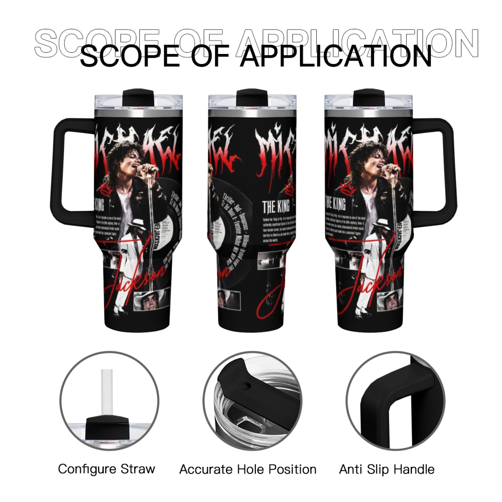 MJ King of Pop 40oz Tumbler with Handle, Michael Jackson Music Legend Moonwalk Style Insulated Travel Mug, TikTok Viral FYP Cup
