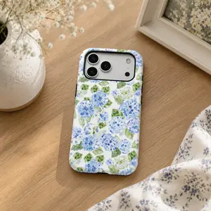 Blue Hydrangea Girly Aesthetic 2-in-1 Smartphone Case, Durable Shock-Absorbing Stylish Design for Summer-Spring, Compatible with iPhone 11-17 Pro/Max/Plus Series | Cellphone Handheld Devices Accessories