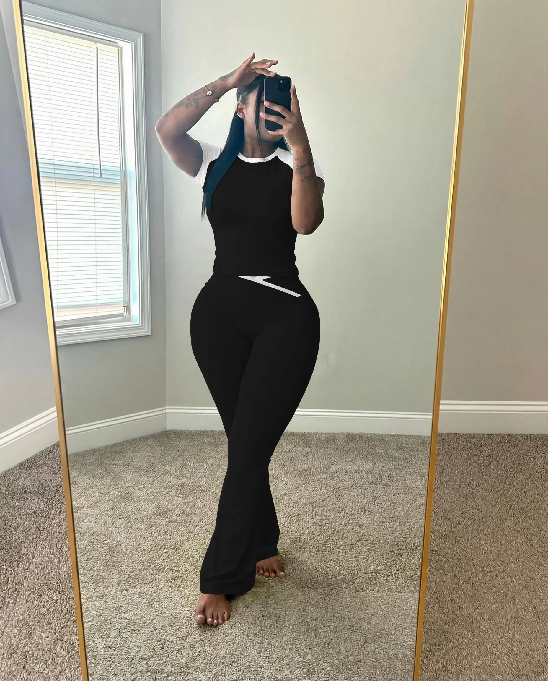 USBOUTIQUE CHIC Women‘s 2026 Spring Summer Two Piece Set Short Sleeve Top & High Waist Pants Stretchy Casual Lounge Outfit