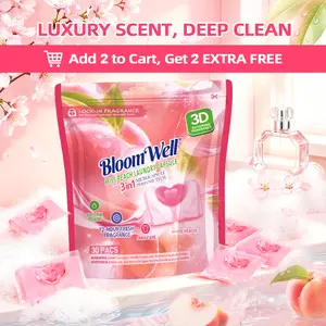 BloomWell Miss Peach Laundry Pods, 30 Pcs/Bag, Order 2 Get 4 bags, BUY 2 GET 2 EXTRA FREE, Fresh Peach Scent Detergent Pods, Long-Lasting Fragrance, Luxury Fragrance, Stain Removal, Deep Cleaning, HE Compatible