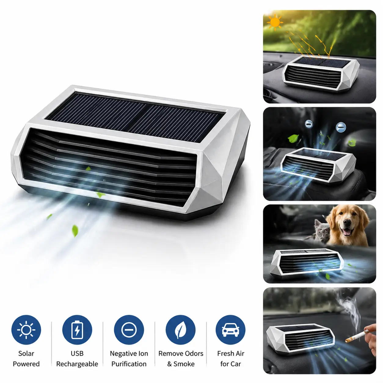 Solar Powered Car Air Purifier - Compact Dashboard Model, USB-Cable Rechargeable Portable Ionizer, Odor Remover for Smoke & Pet Smell, No Extra Power Needed Fresh Air Cleaner for Car Interior, Daily Driving, Odor Control